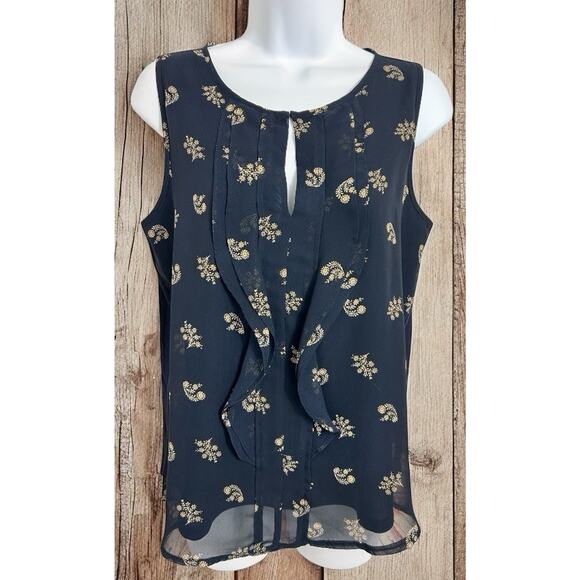 Ann Taylor Tops - Ann Taylor Navy Floral Blouse Sz Small Sleeveless Keyhole Neckline Ruffled Front